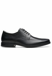 Scarpa da uomo in pelle nera con un design elegante, punta rotonda, chiusura con lacci sul davanti, dettagli testurizzati sulla parte superiore e tacco basso impilato.