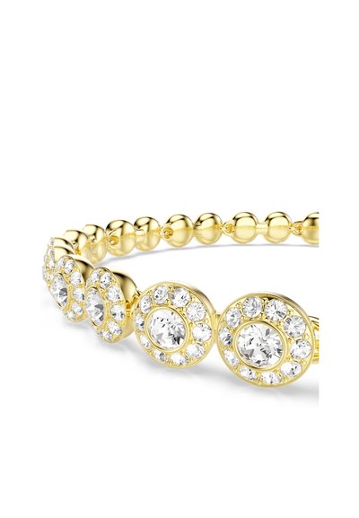 Bracelet doré avec des segments circulaires ornés de cristaux transparents. Texture lisse avec un design perlé, alternant avec des accents embellis.