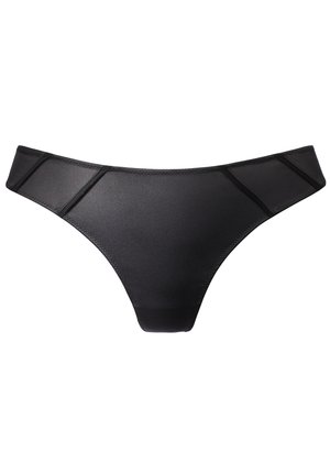 Un string noir en tissu lisse avec un design à découpe haute, mettant en avant des détails de panneau contrastants et une finition minimaliste.