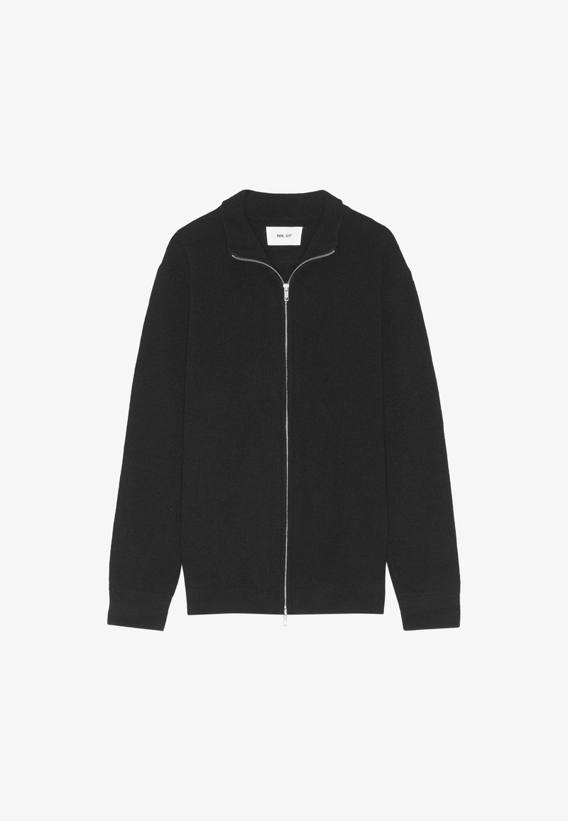 Cardigan nero in maglia con cerniera frontale, maniche lunghe e collo alto, con chiusura a zip argento e etichetta del marchio all'interno del collo.