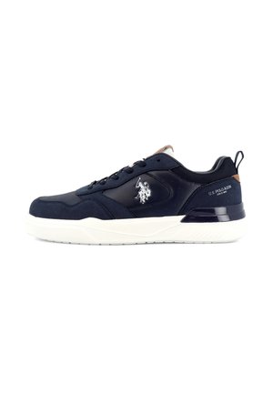 Sneaker blu navy low-top con suola bianca, logo U.S. Polo Assn. sul lato, design con lacci e linguetta sul tallone.