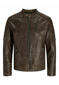 Braune Lederjacke mit Stehkragen, strukturiertem Finish, Reißverschluss vorne und Taschen sowie steppierten Schultern.
