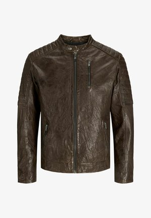 Pruun nahkjakk, millel on püstitatav kaelus, tekstuuriga viimistlus, tõmblukuga esikülg ja taskud, ning tikkimisega õlavarre detailid.