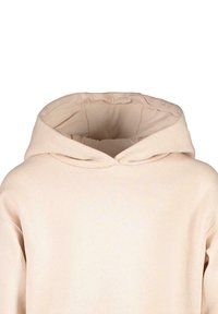 Beige hoodie van zachte stof, met een grote capuchon, brede halslijn en een relaxte pasvorm. Gladde textuur zonder zichtbare patronen of accenten.
