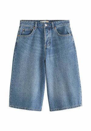 Blue denim knee-length shorts with front pockets, belt loops, button closure, and visible stitching on a white background.