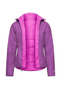 Paarse damesjas met ritssluiting, met een lichter roze gewatteerde voering en een opstaande kraag, open getoond op een witte achtergrond.