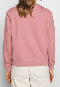 Sudadera de algodón rosa con puños y dobladillo acanalados, que presenta un cuello redondo y una textura suave. La vista trasera muestra un diseño sencillo y sin gráficos.