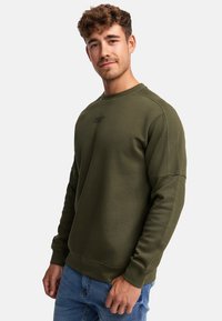 Sudadera verde oliva con cuello redondo y puños acanalados, que presenta un sutil logo en el pecho. Material de mezcla de algodón, ajuste relajado.