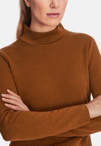 Brauner Pullover mit hohem Kragen, der ein strukturiertes Muster und einen dezenten Schimmer aufweist, aus einem weichen, gestrickten Stoff gefertigt. Lange Ärmel sind sichtbar.