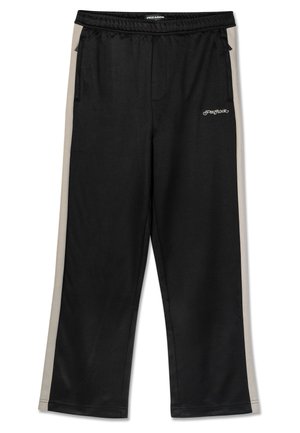 Black athletic pants with beige side panels, elastic waistband, two front pockets, and a smooth fabric texture. Features brand logo.