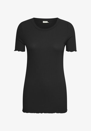 Črna kratka majica z rebrasto strukturo, okroglim izrezom in detajli v obliki valovitega roba. Iz mehkega in raztegljivega materiala za udobje.