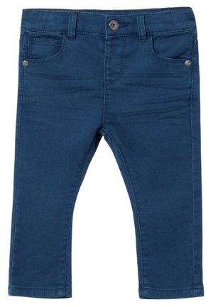 Blå bukser til småbørn med knaplukning, bæltestropper, forlommer og diskrete sømdetaljer.