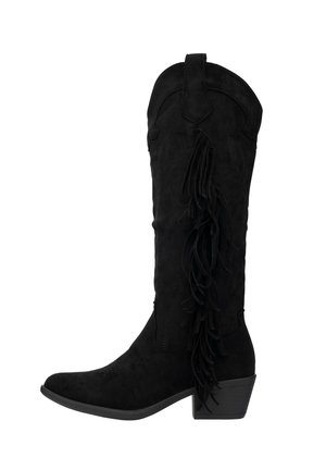Zwarte suède cowboylaars met decoratieve franjes langs de zijkant, spits toelopende neus en gestapelde blokhak.
