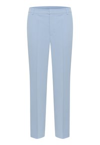 Pantaloni su misura azzurro chiaro con una texture liscia, dotati di vita piatta, gambe dritte e passanti per la cintura. Dettagli delle cuciture lungo la parte anteriore.