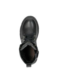 Zwarte leren enkellaarzen met een ronde neus, vetersluiting, metalen oogjes en een gestructureerd oppervlak. Interieur zichtbaar met een zacht voering.