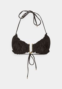 Top de bikini preto feito de tecido texturizado com design franzido. Apresenta detalhes em tom dourado ao centro e cordões ajustáveis no pescoço e nas costas.