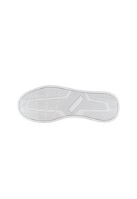 Suela de sneaker blanca con un patrón de tracción texturizado, que presenta surcos y un diseño de espiga para mayor agarre. Superficie lisa con un diseño minimalista.
