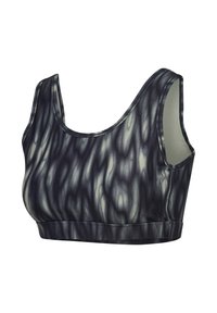 Brassière de sport sans manches à motif tie-dye noir et gris avec encolure arrondie et bande inférieure ajustée.