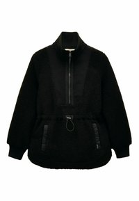 Czarny polarowy pulower z pół-zamkiem z przodu, wysokim kołnierzem, elastycznymi mankietami, ściągaczem w talii oraz dwiema pionowymi kieszeniami bocznymi z nylonowym wykończeniem.