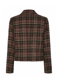 Geruite jas met een getailleerde snit, met donkere groene, zwarte en gedempte roze tinten. Gestructureerde stof met een reverskraag en lange mouwen.