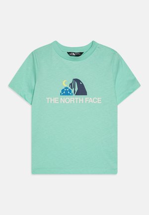 Mentolová krátka rukávová tričko z jemnej bavlny. Obsahuje grafiku hory, mesiaca a iglú s textom "The North Face" pod ňou.