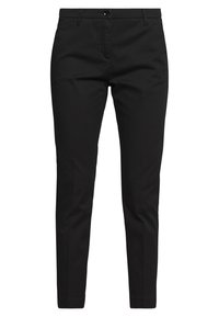 Svarta slim-fit byxor med bälteshällor, knappstängning och framfickor, designade för en skräddarsydd, formell look.