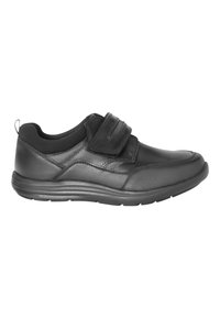 Chaussure de sport noire avec un dessus en cuir lisse, comportant deux sangles Velcro, un design à nez arrondi et une semelle en caoutchouc texturé.