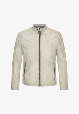 Helle beige Jacke aus strukturiertem Stoff, mit Stehkragen, vorderem Reißverschluss und zwei seitlichen Reißverschlusstaschen.