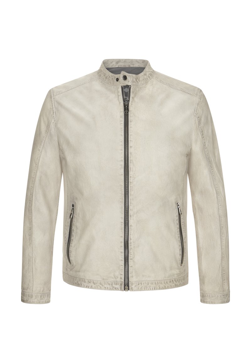 Helle beige Jacke aus strukturiertem Stoff, mit Stehkragen, vorderem Reißverschluss und zwei seitlichen Reißverschlusstaschen.