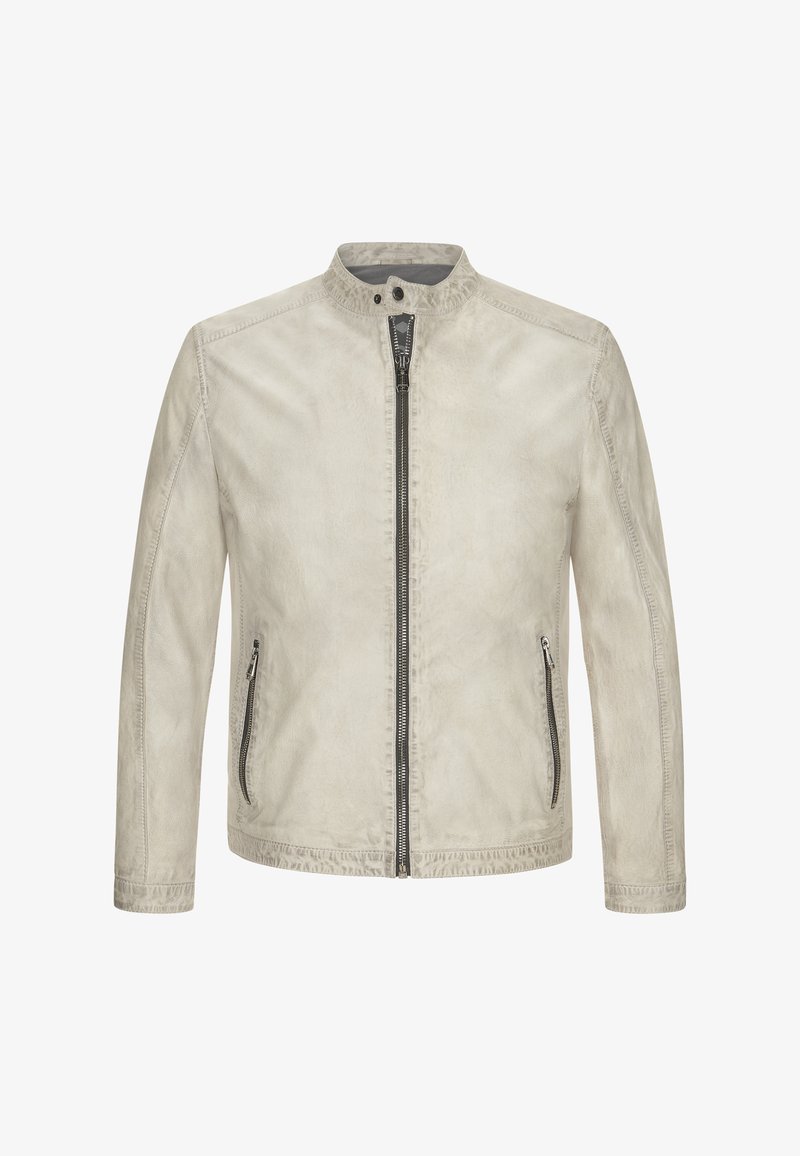 Helle beige Jacke aus strukturiertem Stoff, mit Stehkragen, vorderem Reißverschluss und zwei seitlichen Reißverschlusstaschen.