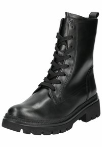 Stivaletto in pelle nera con lacci davanti, suola robusta, punta rotonda e superficie liscia, dotato di un tassello sul retro per una facile calzata.