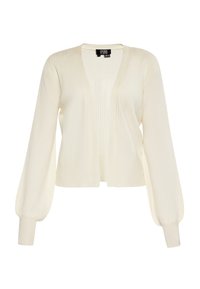 Cardigan de culoare crem, cu textură ribbed, design deschis în față, mâneci lungi cu volane și manșete ajustate. Material tricotat ușor.