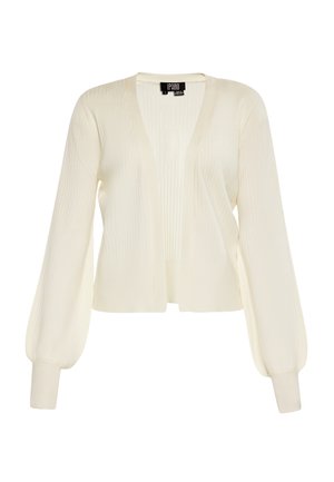 Cremfarbener Cardigan mit geripptem Design, offener Vorderseite, langen Puffärmeln und enganliegenden Bündchen. Leichtes Strickmaterial.
