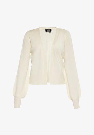 Cremfarbener Cardigan mit geripptem Design, offener Vorderseite, langen Puffärmeln und enganliegenden Bündchen. Leichtes Strickmaterial.