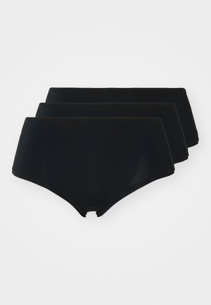 Three pairs of high-waisted, black underwear in a smooth, stretchy fabric. Simple design with a seamless finish and no visible patterns.