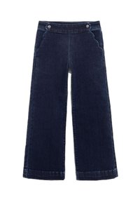 Pantaloni in denim blu scuro a gamba larga con vita alta, dotati di bottoni decorativi e tasche laterali scallopate. Texture liscia, orlo pulito.