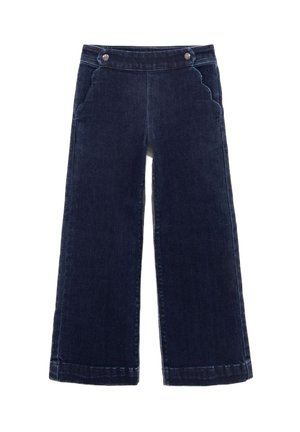 Pantalones de mezclilla de pierna ancha en azul oscuro con una cintura alta, que presentan botones decorativos y bolsillos laterales con forma de onda. Textura suave, dobladillo limpio.