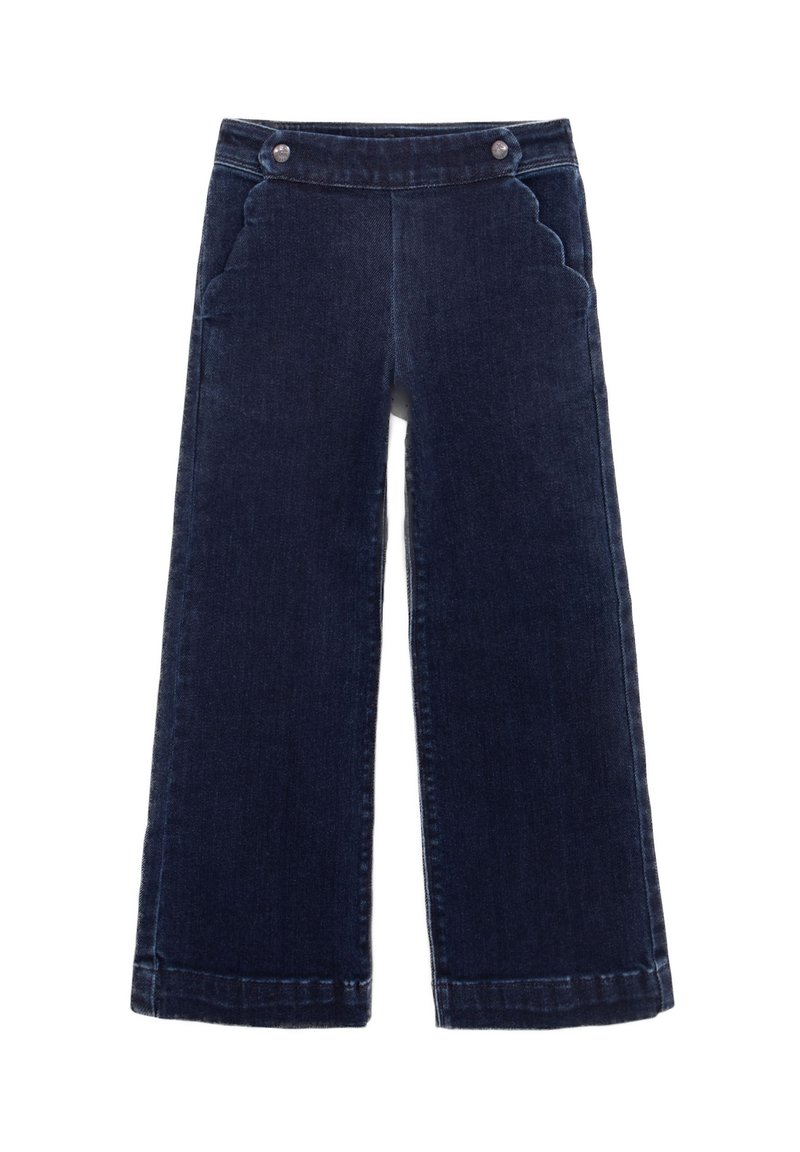 Pantaloni in denim blu scuro a gamba larga con vita alta, dotati di bottoni decorativi e tasche laterali scallopate. Texture liscia, orlo pulito.