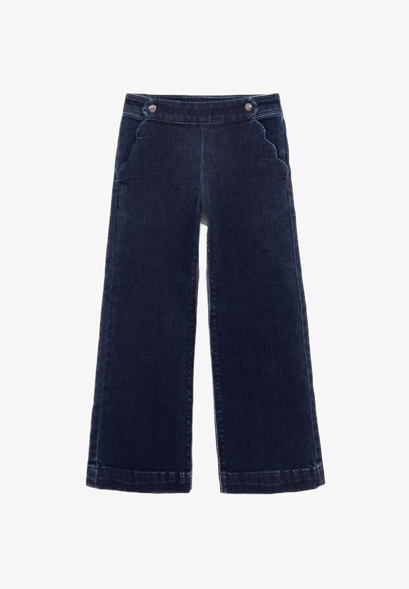 Pantalones de mezclilla de pierna ancha en azul oscuro con una cintura alta, que presentan botones decorativos y bolsillos laterales con forma de onda. Textura suave, dobladillo limpio.