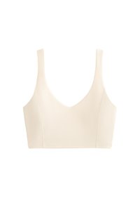 Gerippter Bralette in hellbeige mit weitem Ausschnitt, dicken Trägern und schmaler Passform. Glatte Textur ohne zusätzliche Muster oder Verzierungen.