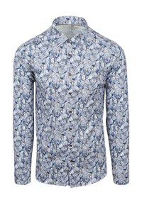 Lange mouwen heren overhemd met een blauw, wit en grijs bloemenpatroon en bruine knopen, maat medium.