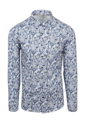 Lange mouwen heren overhemd met een blauw, wit en grijs bloemenpatroon en bruine knopen, maat medium.