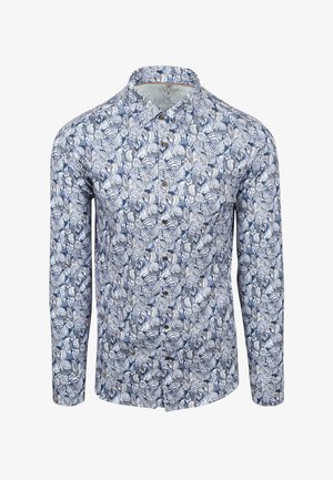 Lange mouwen heren overhemd met een blauw, wit en grijs bloemenpatroon en bruine knopen, maat medium.