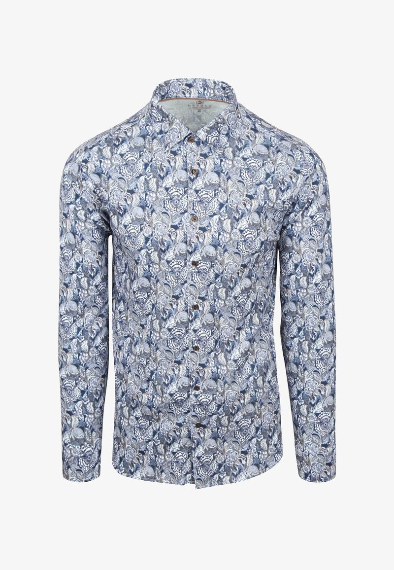 Lange mouwen heren overhemd met een blauw, wit en grijs bloemenpatroon en bruine knopen, maat medium.