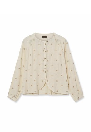 Kreemjas pika varrukaga pluus ümmarguse kaelusega, ees oleva nööpide reas, õrna lillemustriga ja õlgadel ning varrukaotstes krõpsudega kogutud detailidega.