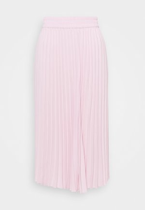Plissé midi-rok in lichtroze. Elastische tailleband, vloeiende stof, gladde textuur en gelijkmatige plooien over de gehele lengte van het kledingstuk.
