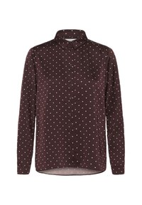 Cămașă maro închis cu nasturi, mâneci lungi, cu buline mici roz, guler și detalii subtile pe umeri. Textură moale.