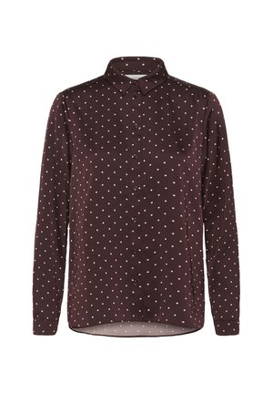 Sötétbarna, gombos hosszú ujjú ing, apró rózsaszín pöttyökkel, gallérral és finom vállrészletezéssel. Puha textúra.