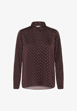 Sötétbarna, gombos hosszú ujjú ing, apró rózsaszín pöttyökkel, gallérral és finom vállrészletezéssel. Puha textúra.