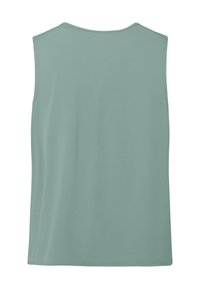 Débardeur sans manches en tissu vert clair texturé, vu de dos, avec un col rond et un ourlet droit.